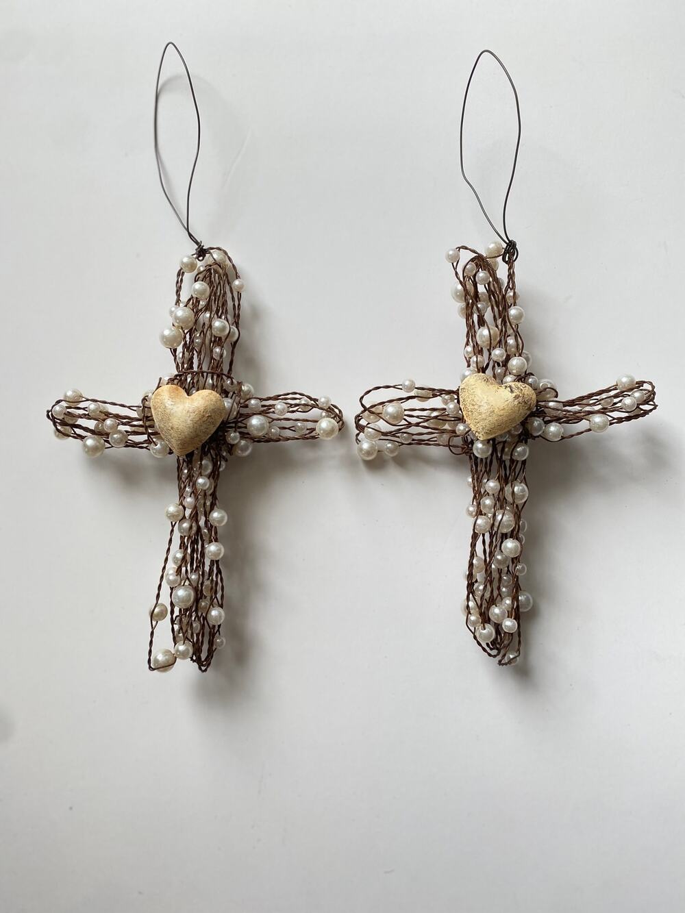 Pearl Wired Hanging Cross Ornament 7” set of 2 Christmas Decor